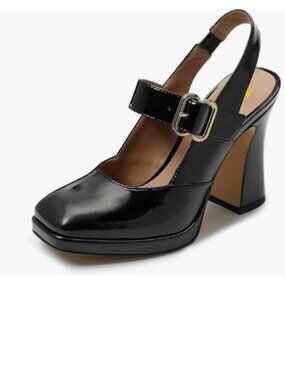 FYS Black Platform Square Toe Pumps Block High Heel Mary Janes Slingback Shoes